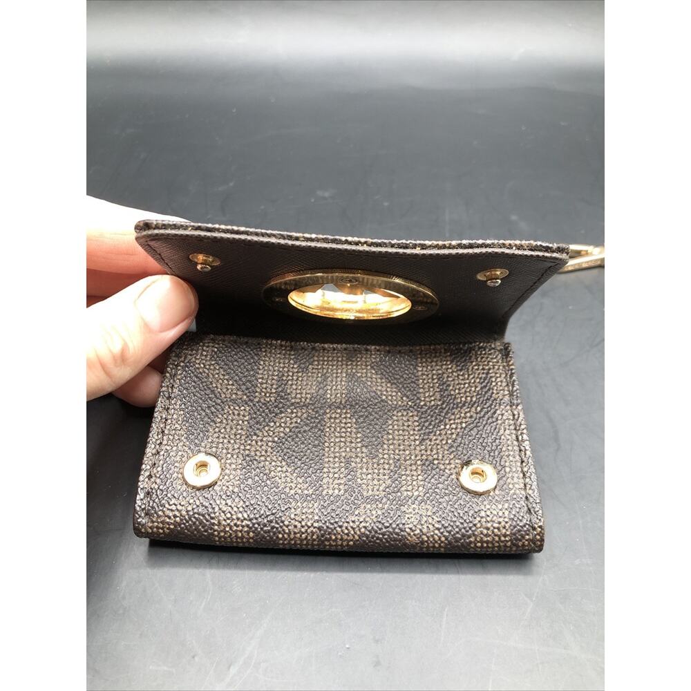 Michael Kors MK Logo Leather Card Case Wallet Brown With MK Pattern 2 Slots - Picture 6 of 9
